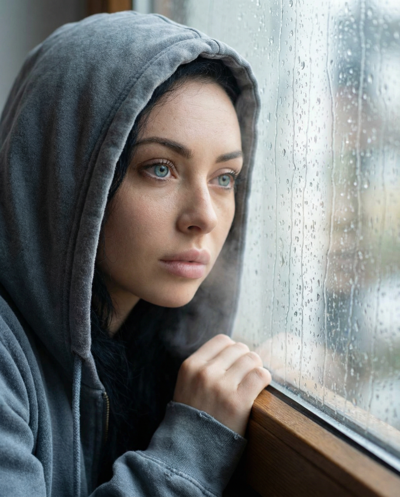 Luna im grauen Hoodie blickt nachdenklich aus einem regennassen Fenster – Herbst-Make-up-Look