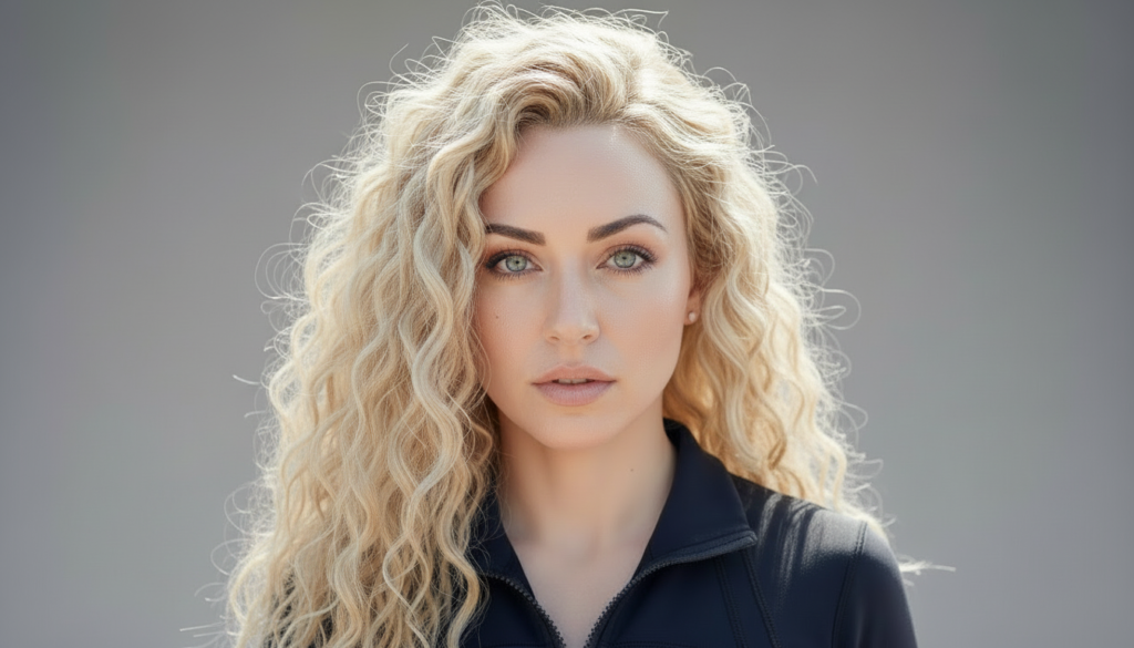 Frau mit langen platinblonden Locken vor grauem Hintergrund – Haarfärben im Sommer