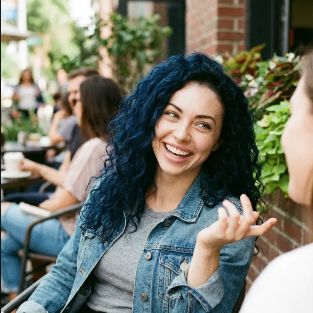 Luna mit blauen Locken lacht mit Freundinnen im Straßencafé – natürliches Sommer-Make-up