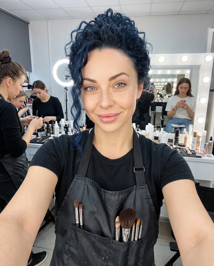 Luna Rossi mit Make-up-Schürze und Pinseln macht ein Selfie in der Maske hinter den Kulissen