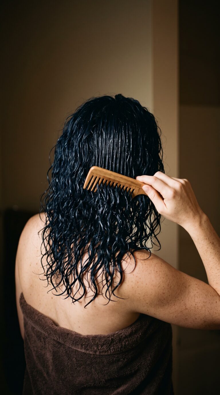 Luna kämmt ihre nassen navyblauen Locken mit einem Holzkamm – Lockenpflege