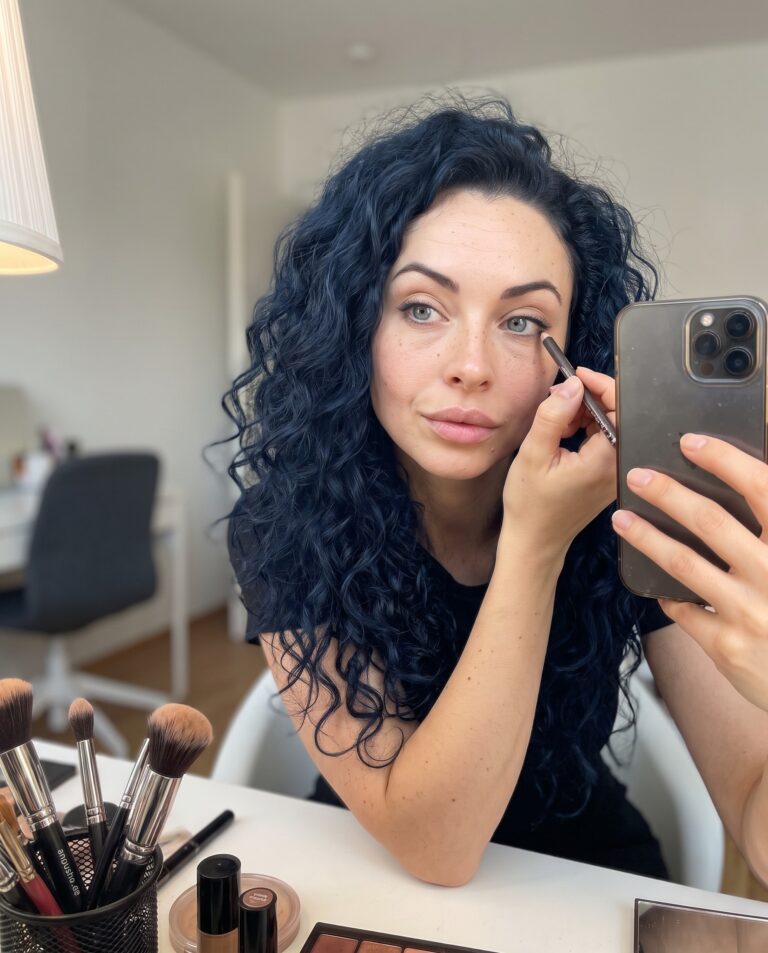 Luna schminkt sich am Tisch mit Pinseln und Smartphone – Make-up-Tutorial